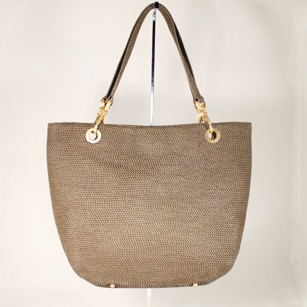 ERIC JAVITZ Black & Metallic Gold Woven Tote, Chunky Gold Accents, Medium Size - Picture 8 of 16